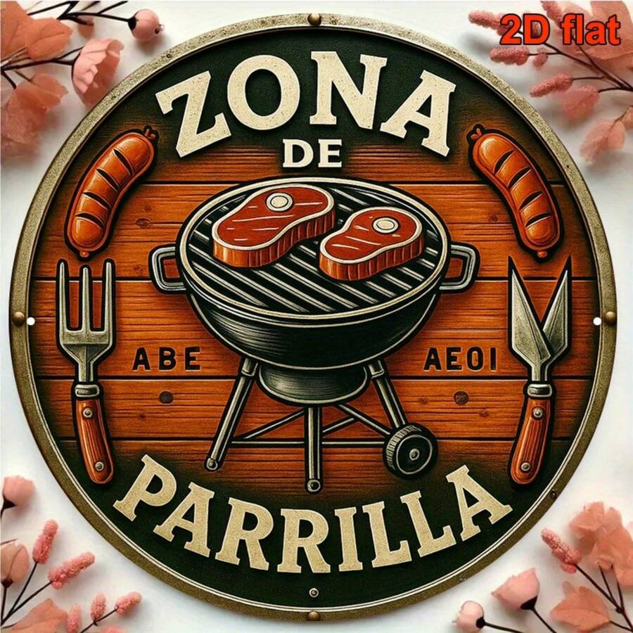 2D平面圓形復古金屬烤肉標誌，西班牙語-英語雙語 Zona De Parrilla/Barbecue Grill Area 標誌，防水防鏽戶外耐用，適用於後院、露台、餐廳、酒吧牆面裝飾，復古烤肉主題牆飾，適合夏季烤肉派對、父親節、聖誕節、喬遷、生日派對等多節慶氛圍創意裝飾禮物