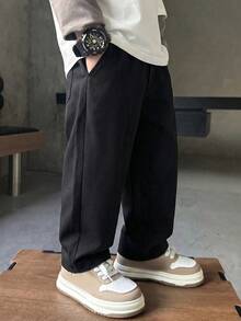 1件男童純色休閒口袋長款直筒工裝褲，適合4-7歲，春夏秋冬四季皆宜 - 黑色 - 查看 4