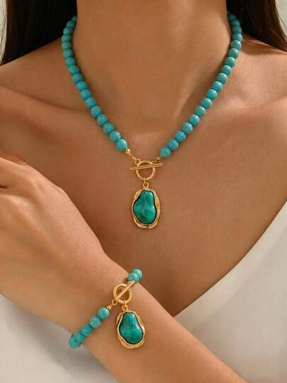 2pcs Vintage Turquoise Beaded Necklace & Bracelet Set, Asymmetrical Faux Pearl Pendant, Western Cowgirl Style Versatile Accessories For Women