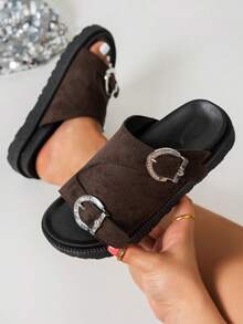 Wide Fit Solid Color Slip-On Design Open Toe Breathable Fashion Versatile Comfortable Lightweight Slip-On Solid Color Thick Sole One-Piece Slip-On Platform Casual Sandals Suitable For Daily Wear - Coffee Brown - View 2