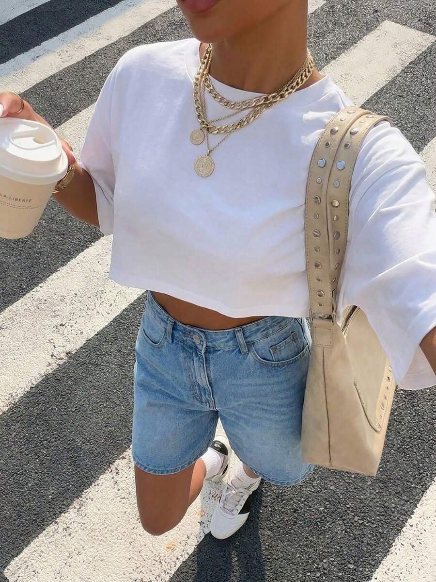 Fashionable Loose Cropped T-Shirt, Summer Casual Solid Color Top, Machine Washable, Soft And Comfortable Fabric - White - View 1