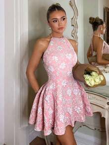 Charm Vestido sin mangas elegante y minimalista de color rosa tejido con pliegues en los lados, adecuado para banquetes y fiestas de té - Rosa - Ver 1