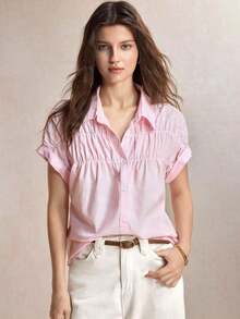 Camisa casual de mujer de unicolor con bordado, estilo retro de los 90, patrón de bordado de caballo, puños vueltos, atuendo básico diario, camisa casual de primavera/verano, adecuada para vacaciones de mujer, ocio de verano, brunch en la playa, salidas, citas, viajes al trabajo, negocios, ocasiones sociales - Rosa - Ver 1