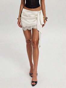 Minifalda elegante de mujer con parches de encaje y cintura con lazo, para verano - Albaricoque - Ver 3