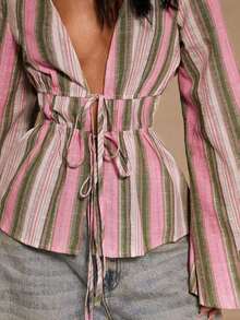 Glamour Camisa ligera y elegante con rayas de color, cuello en V, mangas acampanadas y decoración de lazo con cordón, adecuada para usar en primavera, verano y otoño - Rosa - Ver 12
