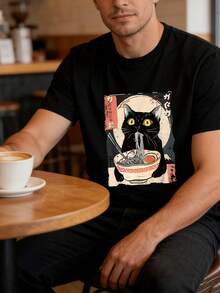 Camiseta Vintage de Gato Japonés Comiendo Ramen para Hombres - Estampado de Gatito Comiendo Fideos, Cuello Redondo Manga Corta, Camiseta Casual para Amantes del Anime y el Ramen, Lavable a Máquina, Ropa Cómoda y CasualTee - Negro - Ver 5