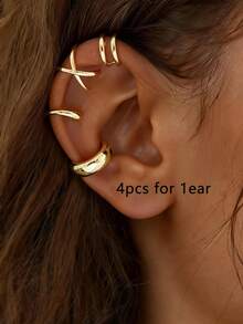 4Pcs Minimalist Ear Cuff Set – Stackable Non-Piercing Jewelry For Daily & Office Wear(4Pcs Not 4Pairs) - Yellow Gold - View 1