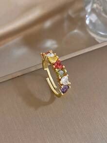 18K Gold Plated Colorful Zirconia Heart-Shaped Inlaid Ring, Women's Heart-Shaped Ring, Floral Ring, Gold-Plated Ring. Suitable For Daily Wear, Dating, Party, Vacation, Graduation Season, Easter, Birthday Gift, Summer Accessories, Girlfriend Gift, Valentine's Day Gift, And Bohemian Style Jewelry - Multicolor - View 13