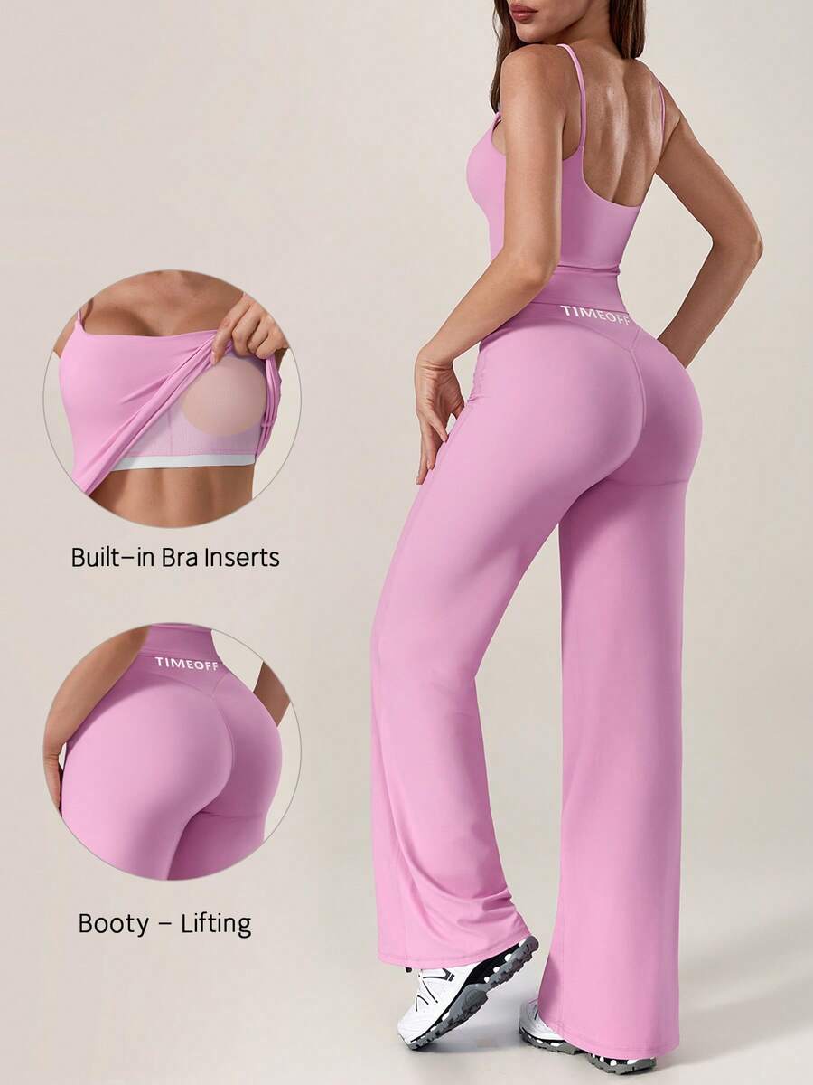 TimeOff Women's One Set Solid Color Spaghetti Strap Removable Padded Tank Top Straight Leg Draped Pants Casual Basic Gym Yoga Running Sportswear Set