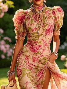 Vestido De Mujer 2026 Mangas De Puff Francés Nuevo Estilo Estampestampvestido Largo Vestido Plipliado De Moda - Rosa coral - Ver 1