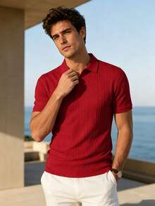 Men's Short-Sleeved Polo Shirt, Minimalist And Elegant, Made From Textured Jacquard Fabric In A Solid Color. Perfect For Leisure, Holidays And Outings, Making It An Ideal Gift For Family And Friends. - 紅色 - 查看 2