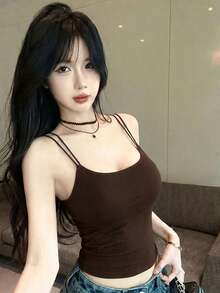 Áo hai dây không tay dành cho nữ, có đệm ngực, thiết kế xếp ly cho vòng một nhỏ, phong cách ngọt ngào và quyến rũ, hàng mới mùa hè. - màu cà phê - Xem 3