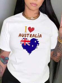 Women's  Graphic Print Short-Sleeve T-Shirt, Creative Heart Design With Australian Flag, Simple Casual Sports Tee For Women, Comfortable All-Season Top, Ideal For Vacations, Women's Tops, Women's Clothing, Tops, Festival Outfits. Comfortable, Soft, And Simple Short-Sleeve T-Shirt For Everyday Wear. - 白色 - 查看 1