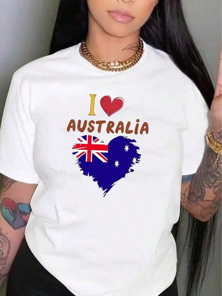 Women's Graphic Print Short-Sleeve T-Shirt, Creative Heart Design With Australian Flag, Simple Casual Sports Tee For Women, Comfortable All-Season Top, Ideal For Vacations, Women's Tops, Women's Clothing, Tops, Festival Outfits. Comfortable, Soft, And Simple Short-Sleeve T-Shirt For Everyday Wear. - 白色 - 查看 1