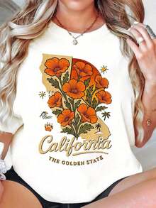 Graphic Tee Featuring A Map Of California, The Golden State, With A Poppy Flower Design. Women's Plus-Size Summer Casual Style, Perfect For Beach Vacations. New Summer Arrivals: 100% Cotton Crew Neck Tees. - 白色 - 查看 1