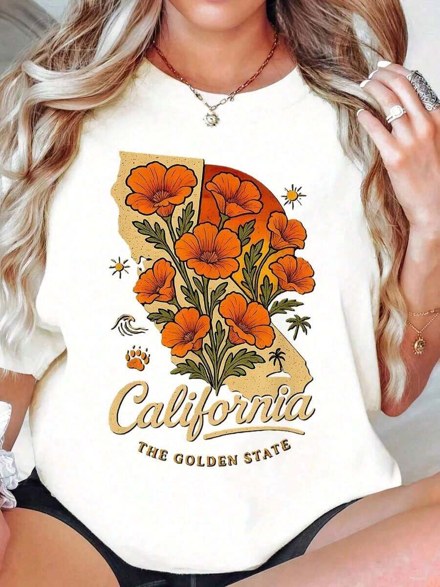 Graphic Tee Featuring A Map Of California, The Golden State, With A Poppy Flower Design. Women's Plus-Size Summer Casual Style, Perfect For Beach Vacations. New Summer Arrivals: 100% Cotton Crew Neck Tees. - 白色 - 查看 1