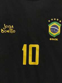 Men's Graphic T-Shirt, Retro Brazil Football Jersey - Legendary Number 10, Casual Football Fan Outfit, Soccer Shirt, 100% Polyester Breathable Knit Fabric, Regular Fit Crew Neck Design - 黑色 - 查看 5