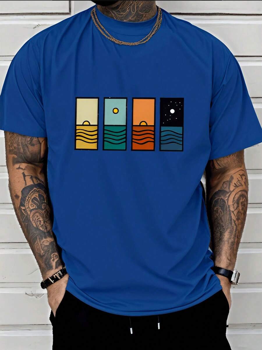 Men's Fashionable Summer T-Shirt, Casual And Modern, With Four-Panel Design Of Sunset And Sunrise Over The Ocean And Starry Sky, Casual Clothing For Adult Men - 灰色 - 查看 1