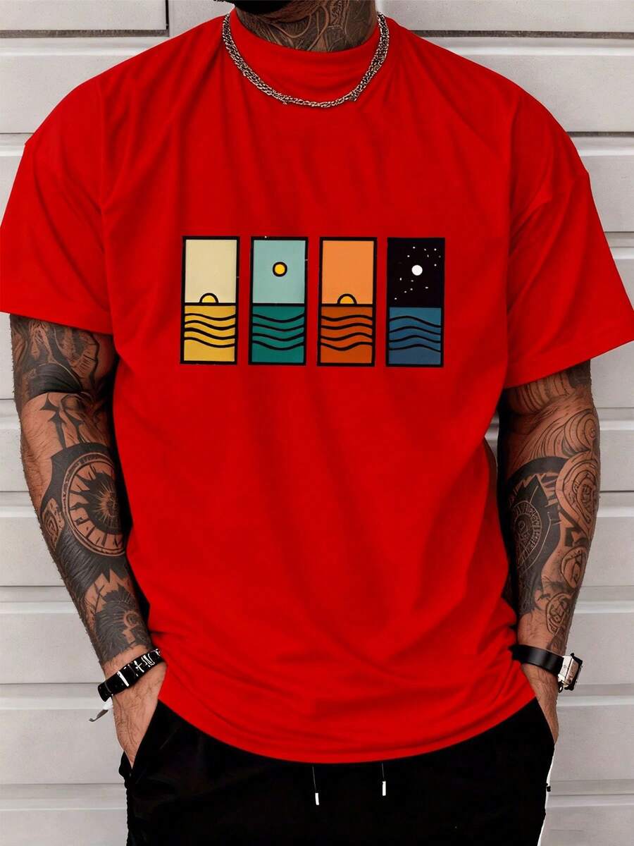 Men's Fashionable Summer T-Shirt, Casual And Modern, With Four-Panel Design Of Sunset And Sunrise Over The Ocean And Starry Sky, Casual Clothing For Adult Men - 紅色 - 查看 1