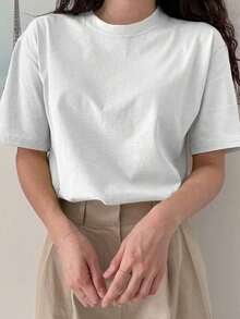 100% Cotton. Soft Cotton Shirt. 1 Pack Solid Color Drop Shoulder Summer T-Shirt. Vintage Summer T-Shirt. - White - View 8