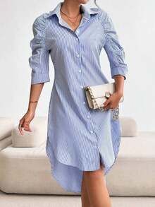 Vestido de camisa casual con pliegues y mangas 3/4 a rayas para mujer, atuendo maxi para primavera/verano - Azul y blanco - Ver 6