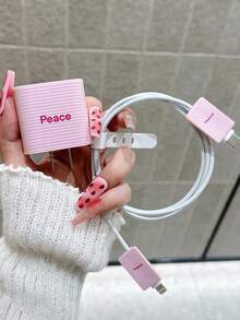 Pink Striped + "Peace" Text Pattern Minimalist Apple Charger Protector Case, Suitable For 20W 15 Charger Cable, 16 Pro Max Phone Data Cable, 13/14 Plus Protective Cover, Anti-Bending, Anti-Chew - Multicolor - View 2
