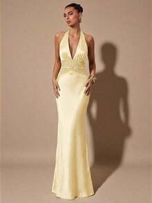 xheSHEIN  Vestido de satén negro sexy con escote en V profundo, encaje calado y parche, cola de pez, adecuado para cóctel, cita romántica, reunión, evento formal, vestido de dama de honor, vestido de noche, Navidad, Año Nuevo, San Valentín, té, vestido negro, vestido negro pequeñoxhe - Amarillo - Ver 1