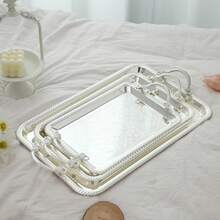 ALMAMARA 1,2,3pcs Luxury Silver-Plated Iron Embossed Islamic Pattern Rectangular Tray, With High-End Twisted Rope Edge And Woven Handle, Elegant Multi-Purpose Tea Tray, Coffee Tray, Suitable For Party, Wedding, High-End Home Decor And Daily Use - Multicolor - View 4