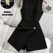 Fengyu Women's Clothing Store  Mono ajustado sin mangas con cuello redondo y decoración de giro de metal para mujer - Blanco y Negro - Ver 2
