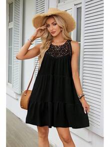 Vestido de Mujer para Primavera/Verano con Encaje Calado y Cuello Halter en Corte A - Blanco - Ver 2