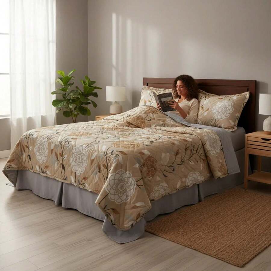 3-Piece Bedding Set: Double-Sided Printed Comforter With Bed Skirt + 2 King Size Pillowcases - Autumn/Pearl - View 1