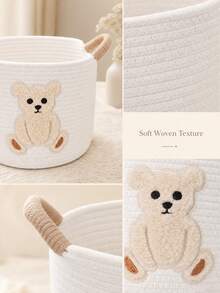 1pc Cute Bear Embroidered Pattern Baby Room Storage Basket With Handle, Nursery Room Storage Basket, Diaper & Bottle Storage Organizer, Multi-Function Storage Basket - Multicolor - View 2