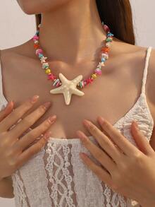 1pc Beaded Stainless Steel Ocean Series Colorful Ocean Crystal Shell Necklace, Women's Beach Casual Vacation Swimwear Versatile Sexy Colorful Ocean Pendant Necklace - Star - View 6