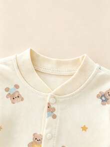 Newborn Baby Cute Cartoon Animal Print Front Button Romper, Infant Long Sleeve Jumpsuit, Suitable For Spring/Autumn Outdoor & Indoor Wear - Apricot - View 3