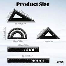 5Pcs Metal Geometry Set, Math Drafting Ruler Kit Aluminum Triangle Rulers Metal Ruler Drafting Tools, Metal Triangular Scale Ruler Set, Protractor, 6/8 Inches Drawing Ruler For Architect Engineer - Black - View 3