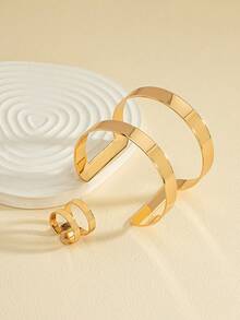 2 piezas Conjunto de brazalete y anillo geométrico hueco minimalista, adecuado para uso diario de mujeres - Anillo pulsera calado - Ver 2