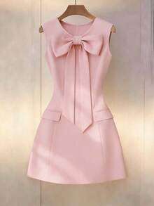 Vestido de mujer de unicolor, cuello redondo, ajustado, con lazo delantero y sin mangas - Rosa - Ver 3