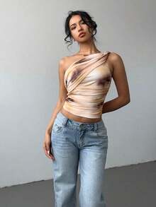 Blusa de hombros descubiertos sin mangas con estampado de teñido anudado, estilo Y2K, de corte ajustado y fruncido con lazo delantero - Multicolor - Ver 3
