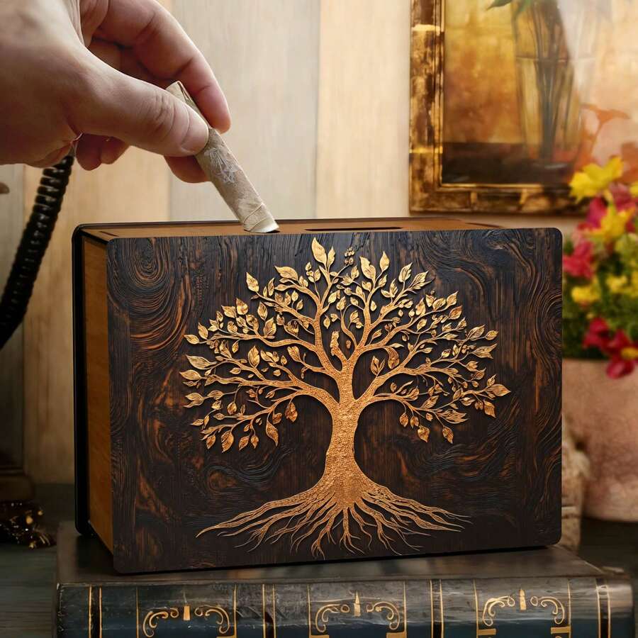1pc Decorative Handmade Wooden Piggy Bank, Reusable Vintage Wooden Coin Box, 2D Rectangular Coin Box With Golden Tree Pattern, For Home Office Decor - Multicolor - View 1