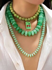 1/3Pcs Layered Green Resin Beaded Necklace For Women - Boho Choker With Cherry Pendant - 3PCS Bohemia Striped & Marbled Resin Beads Necklaces Set - Green - View 7