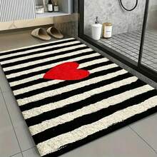1pc Black And White Striped Heart Design Machine Washable Soft Comfortable Bathroom Mat Entrance Doormat Perfect For Kitchen Bathroom Bedroom And Other Decorative Uses - A - View 2