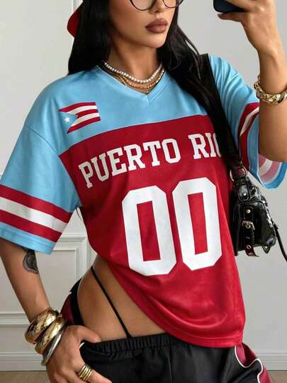 Retro American Puerto Rico "00" Loose Sports Jersey, Red & Blue V-Neck National Flag Print Women Y2K Streetwear Casual Short Sleeve Top, Suitable For Daily Wear In Summer