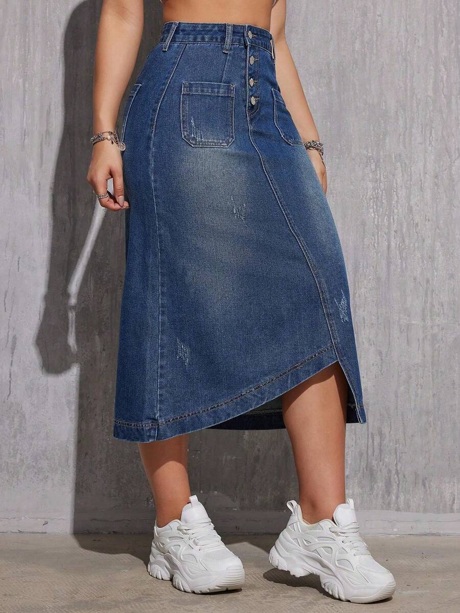 Women's Fashionable Asymmetrical Denim Skirt, Knee-Length Casual Spring - Medium Wash - View 1