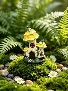 1个黄色花仙子小屋树脂摆件，手工彩绘迷你魔法小屋装饰品，适用于微景观、仙子花园、玻璃容器、多肉植物盆栽、盆景、桌面及户外庭院装饰，奇趣苔藓花园DIY工艺品，可爱梦幻仙子风装饰礼品 - A - 查看 1