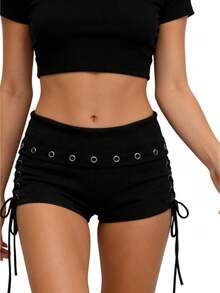 Y2k Shorts For Women High Waisted Fold Over Lace Up Side Stretchy Mini Booty Short Y2K Rave Club Party Concert Summer - 黑色 - 查看 2