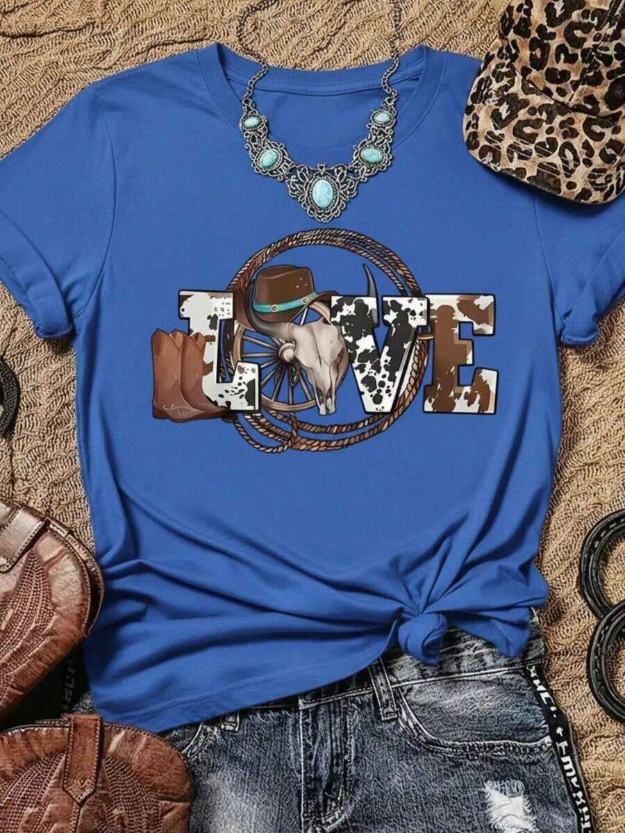 Women's Casual Denim-Style T-Shirt With LOVE Letter Print And Western Elements, Soft Fabric, Loose Fit, Round Neck, Short Sleeves For Spring/Summer Outdoor Parties. Unisex (Retro Style, Fresh And Fresh, Regardless Of Gender) - 皇家藍 - 查看 1