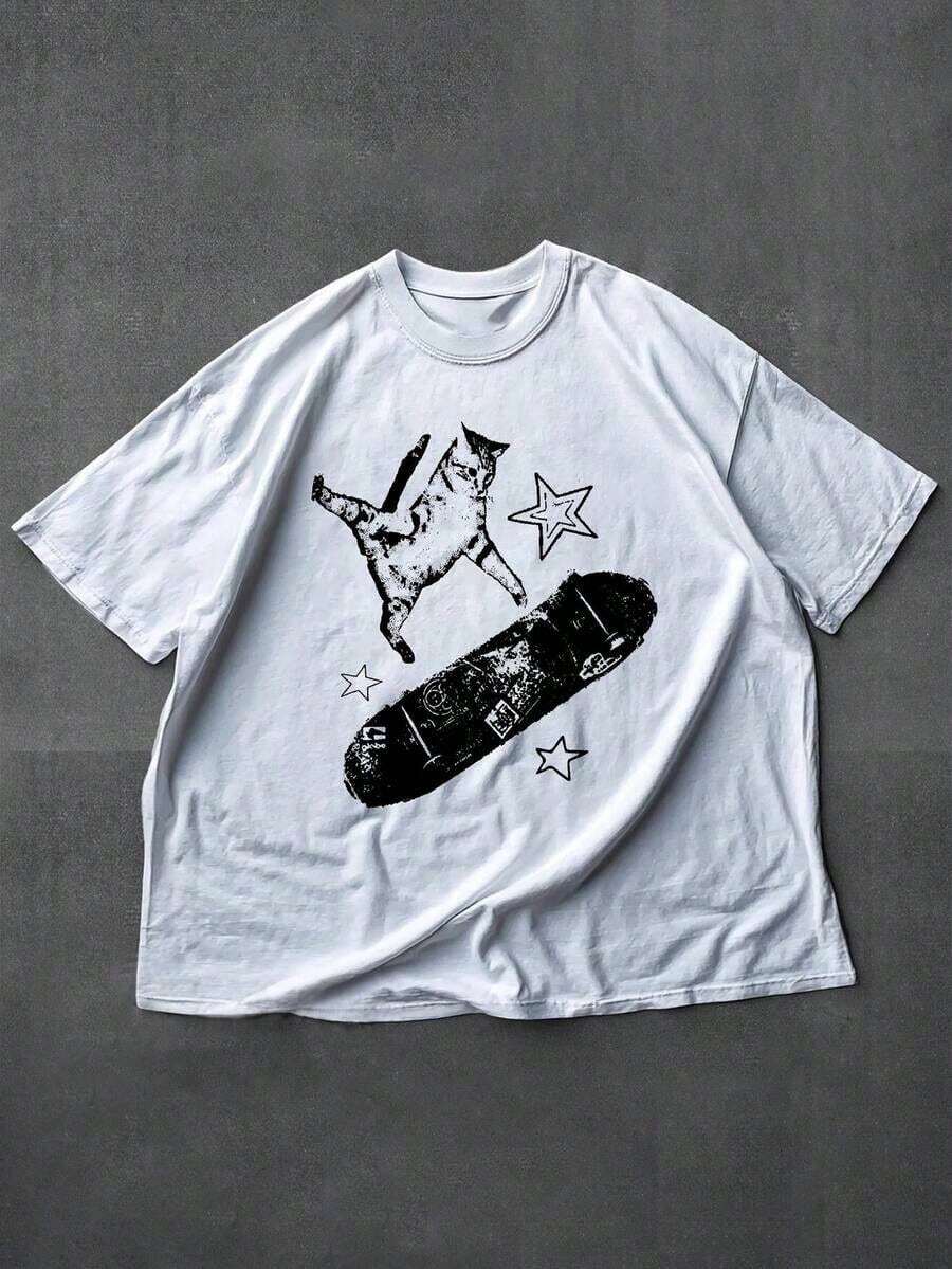 Camiseta de manga corta con cuello redondo para mujer, estilo retro de los 90, estética de skateboard, gato, Y2K, estilo grunge, novia, skateboard, gato del bosque, nueva colección primavera/verano 2026, talla grande, holgada, informal. - Blanco - Ver 1