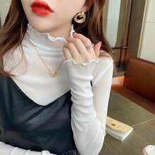 Women's Slim Black Lace Shirt, Spring-Autumn, Sexy, High Neck, Long Sleeve, Fitted, With Crochet Patches, Fashion Blouse - PSZTS021-白色 - 查看 4