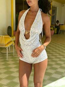 Women Summer Two Piece Outfits Shorts Set Polka Dots Print Halter Deep V Neck 3D Flower Crop Tank Top + Matching Shorts Set Slim Fitted Jumpsuit Party Clubwear Beachwear Y2K Streetwear - Trắng đính kim sa - Xem 2