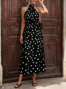 Vestido de verano elegante para fiesta, de estilo casual con escote halter, sin espalda y sin atar, con lunares - Negro - Ver 2